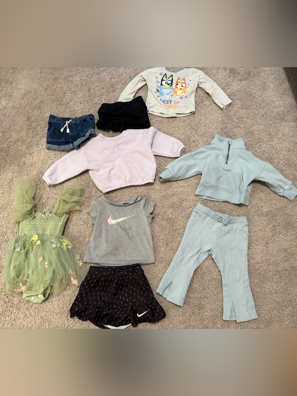 9 pieces 18 month girl clothing, Nike and Carters sets and beautiful dress